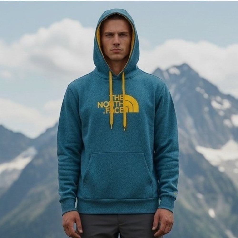 The North Face Hoodie Mens XL Blue Yellow Logo Pullover Sweatshirt Activewear